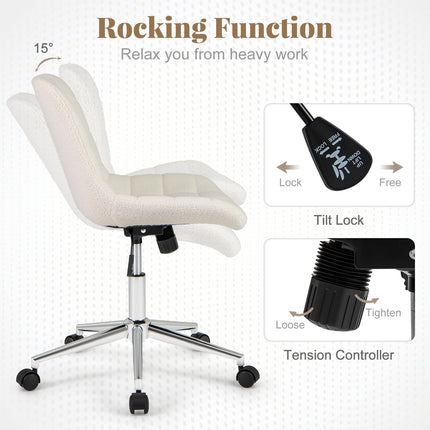 Dreamade Armless Office Chair, Modern Faux Fur White Vanity Chair with Wheels & Adjustable Height