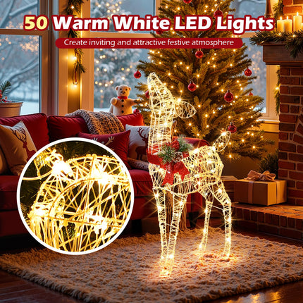 Dreamade Christmas Pre-Lit Reindeer, Lighted Baby Deer w/ 50 Warm White LED Lights & Red Bow