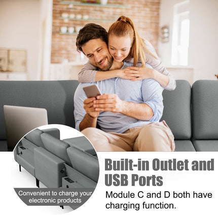Dreamade 4 Seat Convertible Sofa Couch, 123" L Sectional Sleeper with 2 or 1 USB Ports Socket