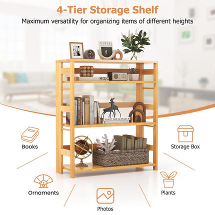 Dreamade 4-Tier Bookshelf, 34.5" Floor Storage Shelf w/Rubber Wood Frame, Anti-Toppling Kits, Side Fences