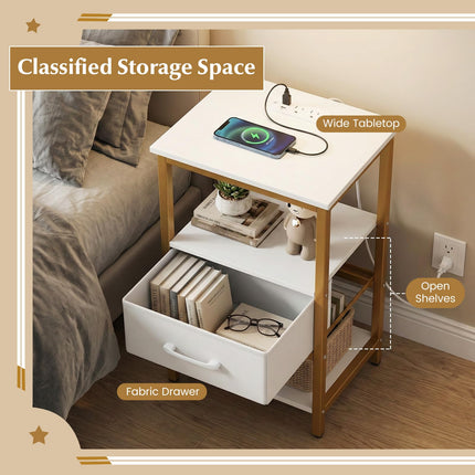 Dreamade Nightstand with Charging Station and Adjustable Fabric Drawer for Bedroom and Living Room