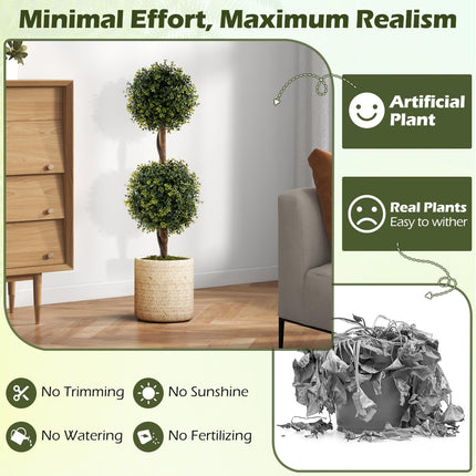 Dreamade 3 FT Artificial Boxwood Topiary Trees Set of 2 Faux Outdoor Topiary Ball Tree with Cement-Filled Pot