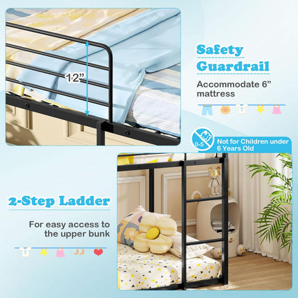 Dreamade Twin Over Twin Bunk Bed with Slide & Ladder House-Shaped Metal Bunk Bed Frame with Safety Guardrail & Roof