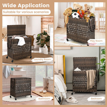 Dreamade Laundry Hamper with Wheels and Lid, 33 Gal (125L) Wicker Laundry Basket, 2 Removable Liner Bags