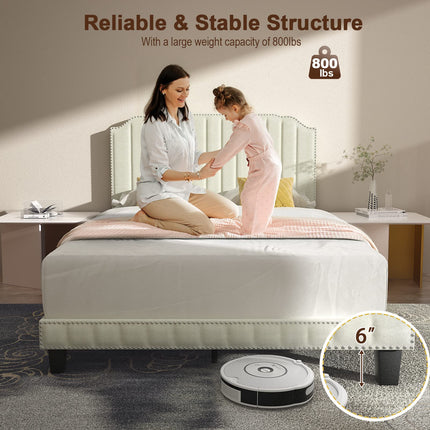 Dreamade Queen/Full/Twin Size Upholstered Bed Frame, Linen Platform Bed w/Rivet Headboard, Heavy Duty Mattress Foundation