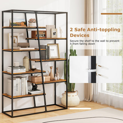 Dreamade 7-Tier Industrial Bookshelf, Heavy-Duty Staggered Bookcase, Freestanding Display Storage Rack