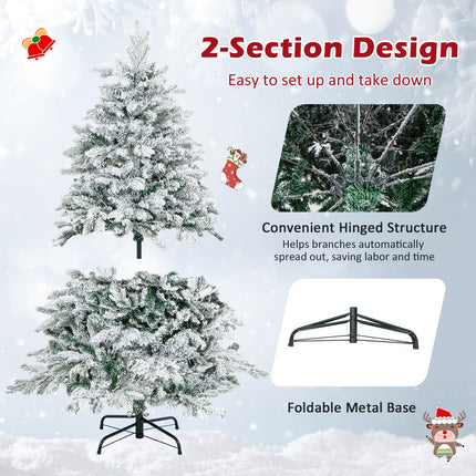 Dreamade Pre-Lit Snow Flocked Christmas Tree, Artificial Hinged Xmas Tree with Branch Tips, PE & PVC Mixed Leaves