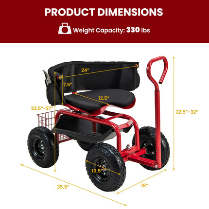 Dreamade Cushioned Rolling Garden Cart Scooter with Storage Basket and Tool Pouch