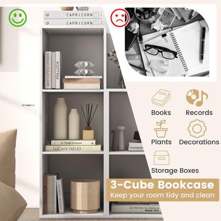 Dreamade 3-Cube Bookcase, White Cubby Bookshelf w/Back Guardrail & Anti-Tipping Kits
