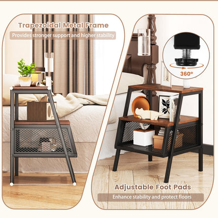 Dreamade Industrial Nightstand 3-Tier End Table with 2 Open Shelves and Metal Mesh Compartment