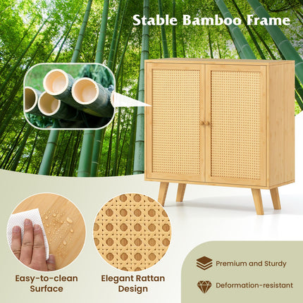 Dreamade 2 Tier Bamboo Sideboard with PE Rattan Decorated Doors