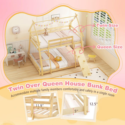 Dreamade Twin Over Queen Bunk Bed, Wood House Bunk Bed for Kids with Climbing Nets and Ramp