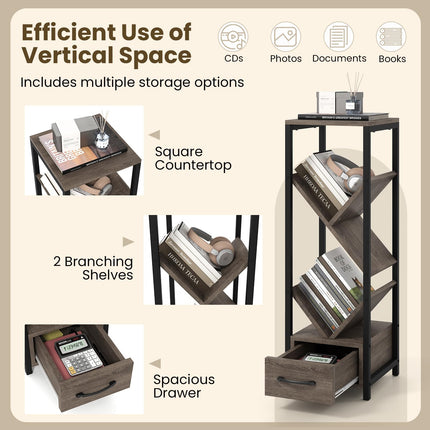 Dreamade Tree Bookshelf with Drawer, 4-Tier Narrow Bookcase with Metal Frame, Tall Floor Standing Storage Organizer for Small Space