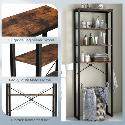 Dreamade Over The Toilet Storage Rack, 4-Tier Wooden Bathroom Space Saver w/Metal Frame & 2 Hooks