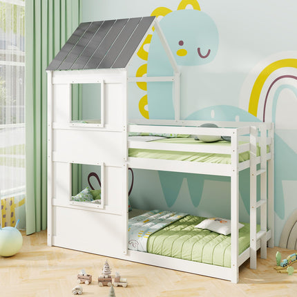 Dreamade House Bunk Bed Twin Over Twin, Solid Wood Floor Bunk Bed with Built in Ladder, Window & Safety Guardrail