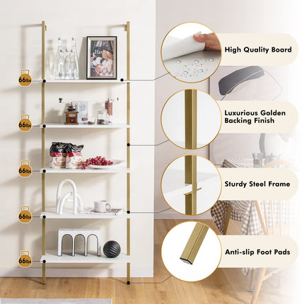 Dreamade 5 Tier Modern Wall Mounted Bookshelf, 71'' White and Gold Wood Bookcase with Steel Frame