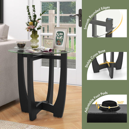 Dreamade Glass End Table, Round Side Table with Rubber Wood Frame & Tempered Glass Top, 23.5" Small Black Coffee Table