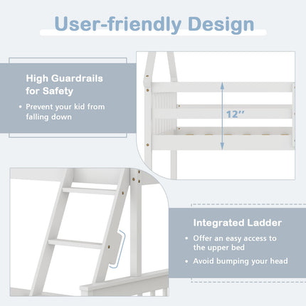 Dreamade Twin Over Full House Bunk Bed, Floor Low Bunk Bed Frame w/Integrated Ladder & Safety Guardrails
