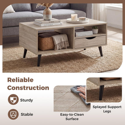 Dreamade Wood Coffee Table with Storage Drawer 36.5 Inch Rustic Center Table