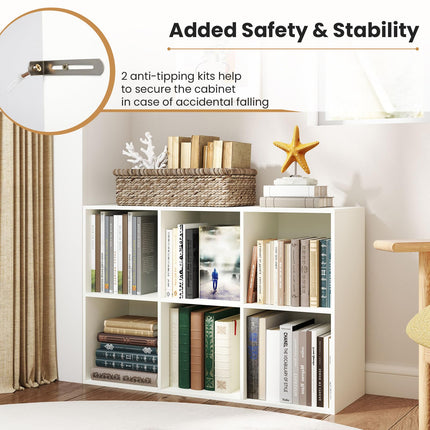 Dreamade 6-Cube Bookcase, 3-Tier Cubby Bookshelf, Horizontal Vertical Display Rack with Anti-Tipping Kits