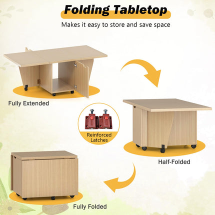 Dreamade Folding Coffee Table 48 Inch Drop Leaf Extendable Center Table with Storage Cabinet & Wheels