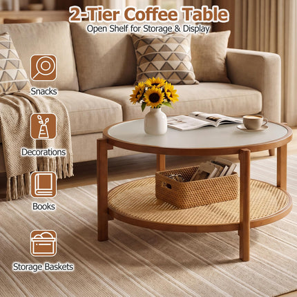 Dreamade 35" Rattan Farmhouse Glass Center Table with Storage