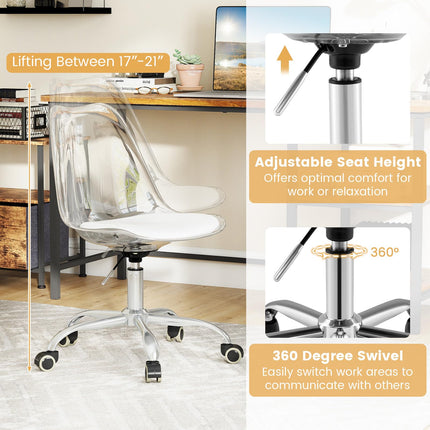 Dreamade Acrylic Clear Desk Chair with PU Leather Cushion Modern Small Home Office Chair with Wheels