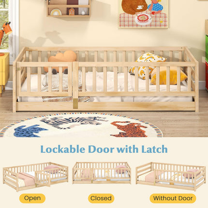 Dreamade Twin Floor Bed with High Fence & Door