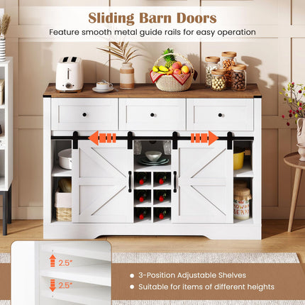 Dreamade Wine Bar Cabinet with LED Lights 52" Buffet Sideboard w/Sliding Barn Door 3 Drawer