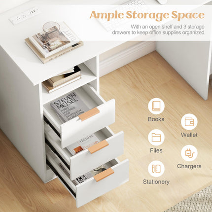 Dreamade White Desk with Drawers, Modern Home Office Desk Writing Study Desk with Charging Station