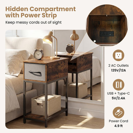 Dreamade Narrow Side Table with Charging Station and LED Lights Industrial End Table
