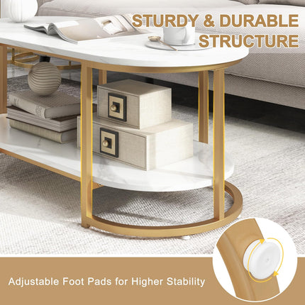 Dreamade White Marble Coffee Table - Modern 2-Tier Center Table w/Open Storage Shelf