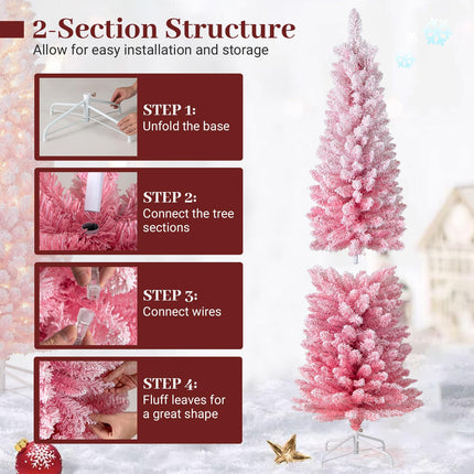 Dreamade 6ft / 7ft Pink Slim Pencil Christmas Tree | Pre-lit Snow Flocked Artificial Skinny Xmas Tree