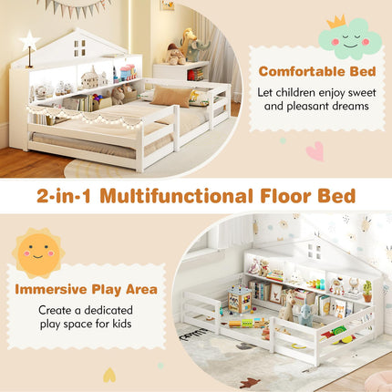 Dreamade Montessori Floor Bed with LED Lights 2-in-1 Wooden House Bed Frame with Safety Guardrails