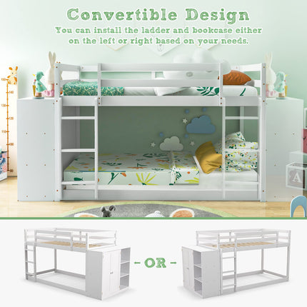 Dreamade Twin Over Twin Bunk Bed with Storage Shelves, Solid Wood Bunk Bed Frame with Convertible Bookcase & Ladder, White