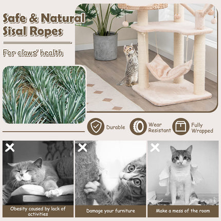 Dreamade Wooden Cat Tree, 48 inches Cat Tower with Cattail Condo, Cat Bed, Hammock, Rotatable Jingling Balls
