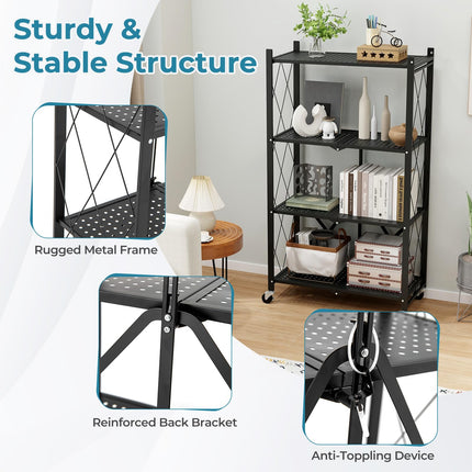 Dreamade 4-Tier Foldable Storage Shelf, Collapsible Shelving Unit Display with Lockable Wheels