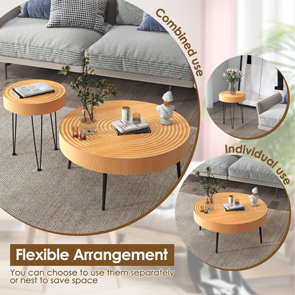 Dreamade Round Coffee Table Set of 2 - Sofa Side Nesting Table w/Solid Pine Wood Top