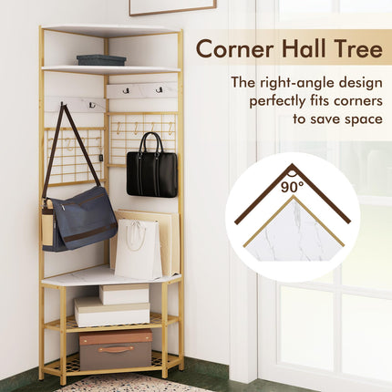 Dreamade Corner Hall Tree, 73" Tall Coat Rack w/Shoe Storage Bench, 12 Metal Hooks, 5-Tier Entryway Shoes Shelf Organizer