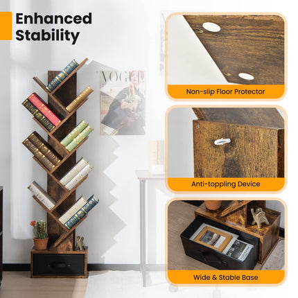 Dreamade Tree Bookshelf with Drawer, 10 Shelf Space Saving