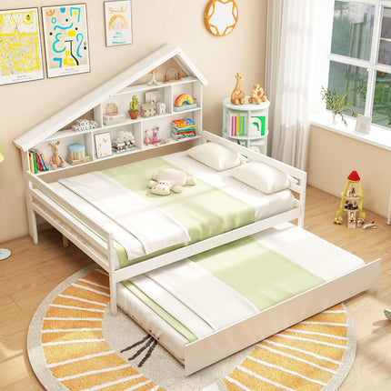 Dreamade Full House Bed with Twin Trundle, Wood Daybed with 5 Cube Storage Bookcase & Headboard