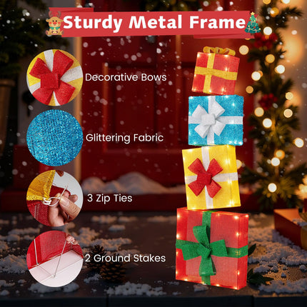 Dreamade 4 Ft Lighted Gift Boxes Stackable, Pre-lit Xmas Boxes Decoration w/LED Lights