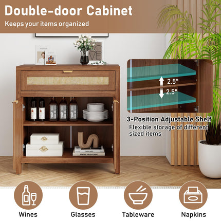 Dreamade Sideboard Buffet Cabinet Rustic Rattan Storage Cabinet w/ 2 Doors