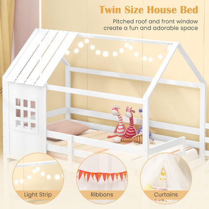 Dreamade Twin Bunk Beds with Stairs, Floor House Bed with Roof & Window