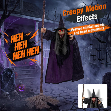 DREAMADE 6.6 FT Halloween Animatronics Flying Witch on Broom Decorations