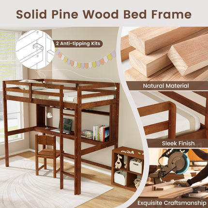 Dreamade Twin Loft Bed with Desk and Bookshelf, Wooden Bed Frame with Safety Guardrail & Ladder