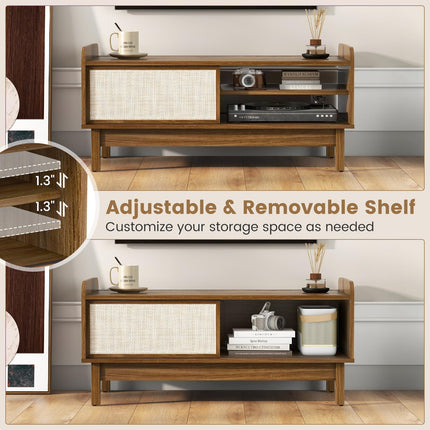 Dreamade Coffee Table with Storage and Sliding Doors, Mid-Century Modern Coffee Table with Adjustable & Removable Shelf