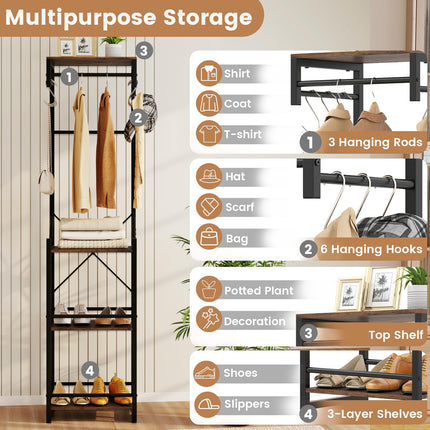 Dreamade Freestanding Coat Rack with 4 Storage Shelves and 6 Hooks