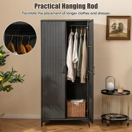 Dreamade Wicker Storage Cabinet, 62” Tall Pantry Cabinet with 2 Doors, Hanging Rod, 4 Storage Cubes