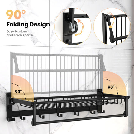 Dreamade Foldable Towel Rack for Bathroom, Wall Mounted Towel Holder Organizer w/ 1 Basket, 1 Towel Bar & 5 Sliding Hooks